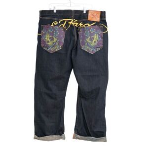 Ed Hardy Dark Wash Jeans Screaming Skull Bold Graphic Grunge Cyber HipHop Skater